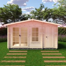 Straight-on front view of the 14x6 Shire Bourne timber log cabin on a paving slab path with doors closed.
