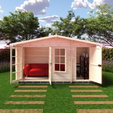 Front view of the Shire Bourne 14x6 dual-purpose log cabin with main double doors and side shed storage doors fully open.