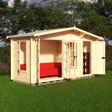 Shire Bourne 14x6 garden log cabin with open main double doors showing red couch interior seating and opened side store room.