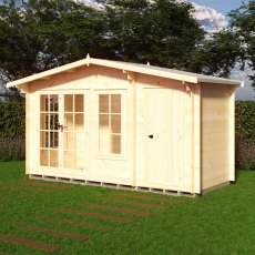 Exterior front-angle view of the Shire Bourne 14x6 wooden cabin set against a lawn and garden backdrop.