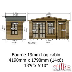 Dimensional elevation drawings and external measurements for the Shire Bourne 4190mm x 1790mm (14x6 / 13'9"x5'10") 19mm log cabin.