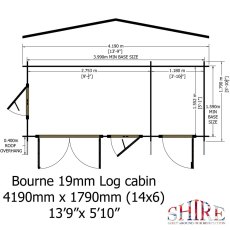 Internal layout dimensions blueprint showing room split and doorway openings for the Shire Bourne 4.19m x 1.79m log cabin.