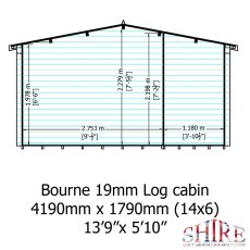 Technical architectural wall schematic showing width and height specifications for the 14x6 Shire Bourne log cabin.