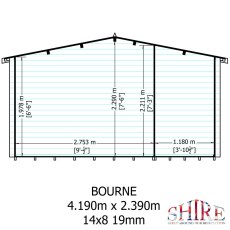 Technical architectural wall schematic showing width and height measurements for the 14x8 Shire Bourne log cabin.