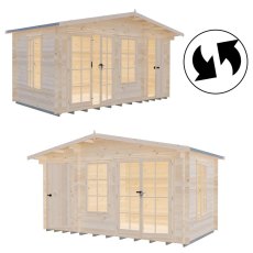 360-degree render views showing external wall structure, side window, and door placements for the Shire Bourne 14x8 log cabin.