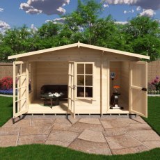 Front-facing view of the Shire Bourne 14x8 log cabin with both double glass doors and side shed storage doors open.