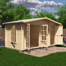 Shire Bourne 14x8 garden log cabin with open glass double doors showing interior seating area alongside open side store door.