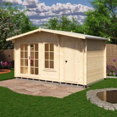 Angle perspective of the Shire Bourne 14x8 dual-room log cabin showcasing the apex roof and interlocking timber logs.
