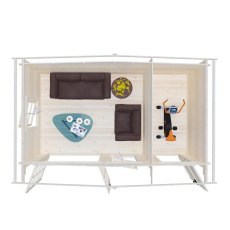 Top-down interior floor plan showing sofa room layout alongside adjacent side storage area with power tools and skateboard.