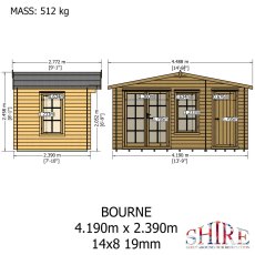 Dimensional elevation drawings and total weight specifications for the Shire Bourne 4.19m x 2.39m (14x8) 19mm log cabin.