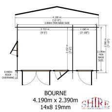 Internal room layout measurements and doorway blueprint for the Shire Bourne 4.19m x 2.39m dual-entrance log cabin.