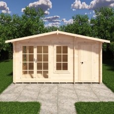 Straight-on front view of the 14x10 Shire Bourne timber log cabin showing glass double doors and separate side storage door.