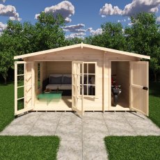 Shire Bourne 14x10 log cabin exterior with both the main living space and integrated side storage unit doors open.