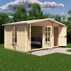 Shire Bourne 14x10 garden log cabin with open main double doors revealing corner sofa interior seating.