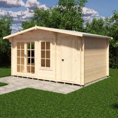Side angle perspective of the Shire Bourne 14x10 log cabin showing large side window pane and apex roof line.