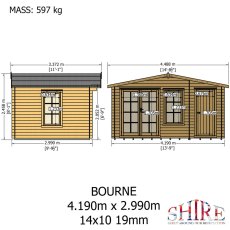 Dimensional elevation drawings and structural mass details for the Shire Bourne 4.19m x 2.99m (14x10) 19mm log cabin.