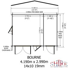 Internal floor layout dimensions and door frame specs blueprint for the Shire Bourne 4.19m x 2.99m dual-room cabin.