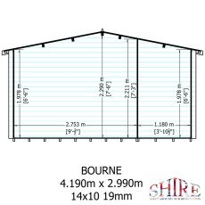 Technical architectural wall schematic showing width and height measurements for the 14x10 Shire Bourne log cabin.