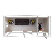 Top-down interior floor plan showing sofa room layout alongside adjacent side storage area with garden power tools.