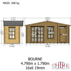 Dimensional elevation drawings and total mass specifications for the Shire Bourne 4.79m x 1.79m (16x6) 19mm log cabin.