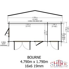 Internal room layout measurements and doorway blueprint for the Shire Bourne 4.79m x 1.79m dual-room log cabin.