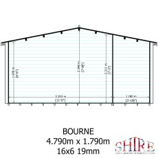 Technical architectural wall schematic showing width and height measurements for the 16x6 Shire Bourne log cabin.