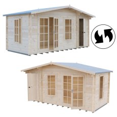 360-degree render views showing external timber wall cladding and door options for the Shire Bourne 16x6 log cabin.