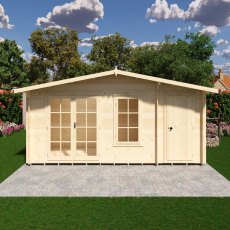 Straight-on front view of the 16x6 Shire Bourne timber log cabin with double main doors and solid storage door closed.