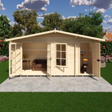 Front-facing view of the Shire Bourne 16x6 log cabin with both double glass doors and integrated side storage doors open.