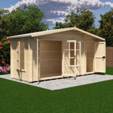 Shire Bourne 16x6 garden log cabin with open glass double doors showing interior living space alongside open side store door.