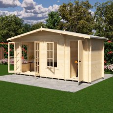Side-angle view of the Shire Bourne 16x6 dual-entrance log cabin set on a paved patio base with open doors.