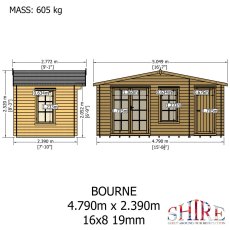 Dimensional elevation drawings and total mass specifications for the Shire Bourne 4.79m x 2.39m (16x8) 19mm log cabin.