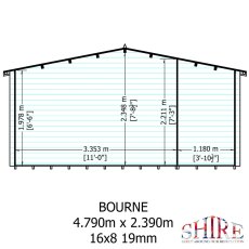 Technical architectural wall schematic detailing width and height measurements for the 16x8 Shire Bourne log cabin.
