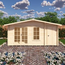 Straight-on front view of the 16x8 Shire Bourne timber log cabin with double glass doors and solid side storage door closed.