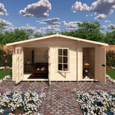 Front elevation view of the Shire Bourne 16x8 log cabin showing main living area and integrated side storage doors fully open.