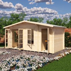 Side angle view of the Shire Bourne 16x8 dual-room log cabin situated on a block-paved patio with open double doors.