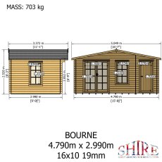 Dimensional elevation drawings and total mass specifications for the Shire Bourne 4.79m x 2.99m (16x10) 19mm log cabin.