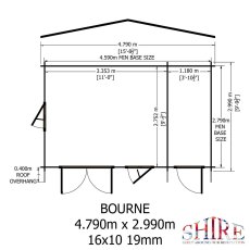 Internal room layout measurements and doorway dimensions blueprint for the Shire Bourne 4.79m x 2.99m log cabin.