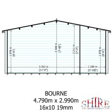 Technical architectural wall schematic detailing width and height measurements for the 16x10 Shire Bourne log cabin.