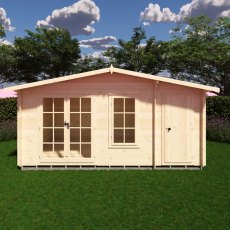 Straight-on front view of the 16x10 Shire Bourne timber log cabin with double glass doors and solid storage door closed.