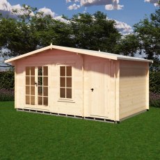 Exterior angle view of the Shire Bourne 16x10 dual-purpose log cabin highlighting timber wall construction and side window.