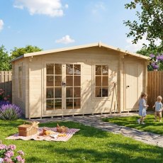 Three-quarter view of the Shire Bourne 16x10 wooden log cabin set on a garden lawn with outdoor picnic decor.