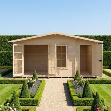 Front view of the Shire Bourne 16x10 log cabin set in a formal garden with main entrance and side storage doors fully open.