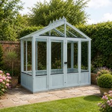 Shire Holkham 8x4 wooden greenhouse in a light blue painted finish