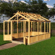 Shire Holkham 8x12 wooden greenhouse in a natural timber finish doors open