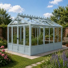 Shire Holkham 8x12 wooden greenhouse in a light blue painted finish