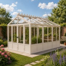 Shire Holkham 8x12 wooden greenhouse in a soft pink painted finish