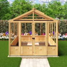 Shire Holkham 8x8 wooden greenhouse with glazing and garden plants
