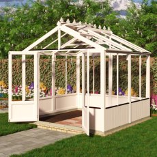Shire Holkham 8x4 wooden greenhouse in a soft Pink painted finish