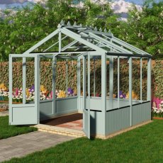 Shire Holkham 8x8 wooden greenhouse in a light blue painted finish